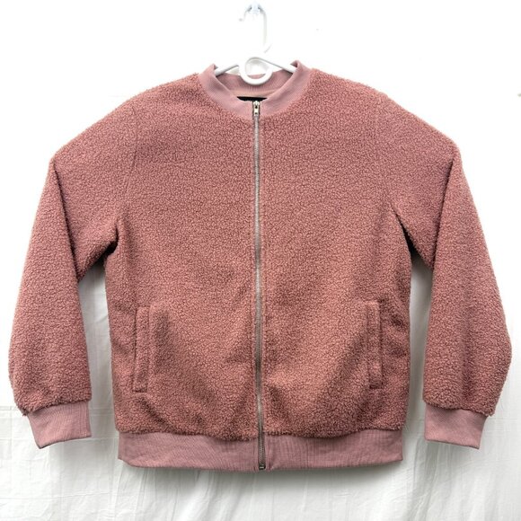 Sherpa Fleece Jacket Long Sleeve Casual Zip Up Bomber Coat Women L Pink MIROL - Picture 1 of 7